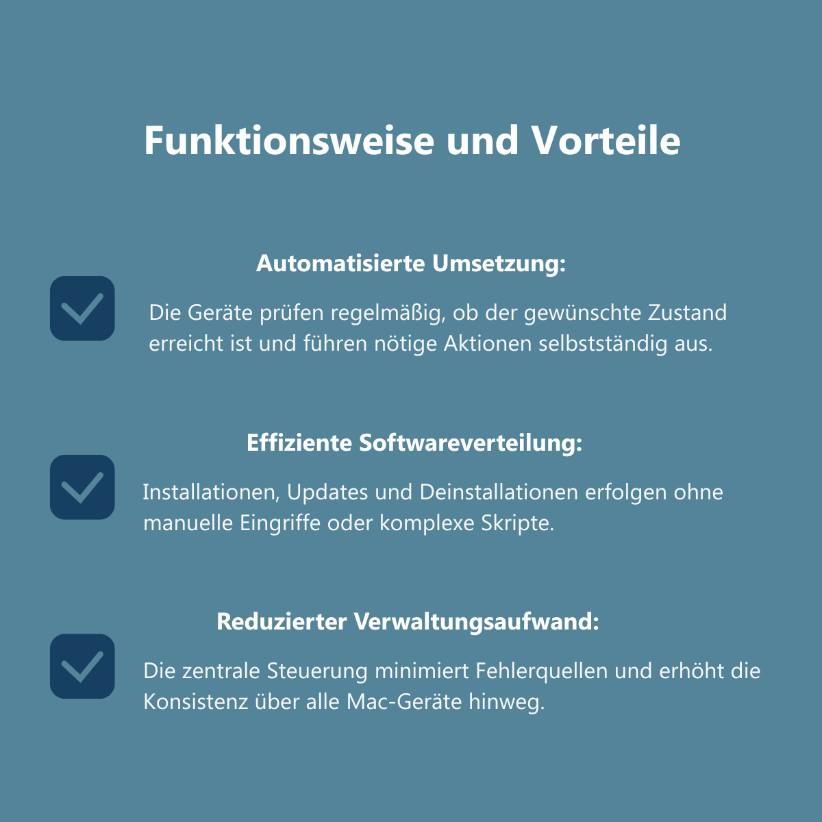 Infografik mit dem Titel "Vorteile für IT-Administrierende". Die Grafik zeigt drei Vorteile, die jeweils mit einem Häkchen-Symbol gekennzeichnet sind. Erster Vorteil "Zentrale Authentifizierung": Nutzerinnen und Nutzer müssen sich nur einmal anmelden, um auf alle integrierten Apps und Dienste zuzugreifen. Zweiter Vorteil "Vereinfachtes Setup": Die Einrichtung erfolgt direkt über das MDM-System, ohne dass lokale Eingriffe oder zusätzliche Konfigurationen nötig sind. Dritter Vorteil "Erhöhte Sicherheit": Einheitliche Authentifizierungsprozesse reduzieren Risiken durch schwache Passwörter oder unsichere Anmeldungen.
