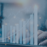 Visualisierung eines digitalen Balkendiagramms mit aufsteigendem Wachstum und Netzwerkstruktur im Hintergrund
