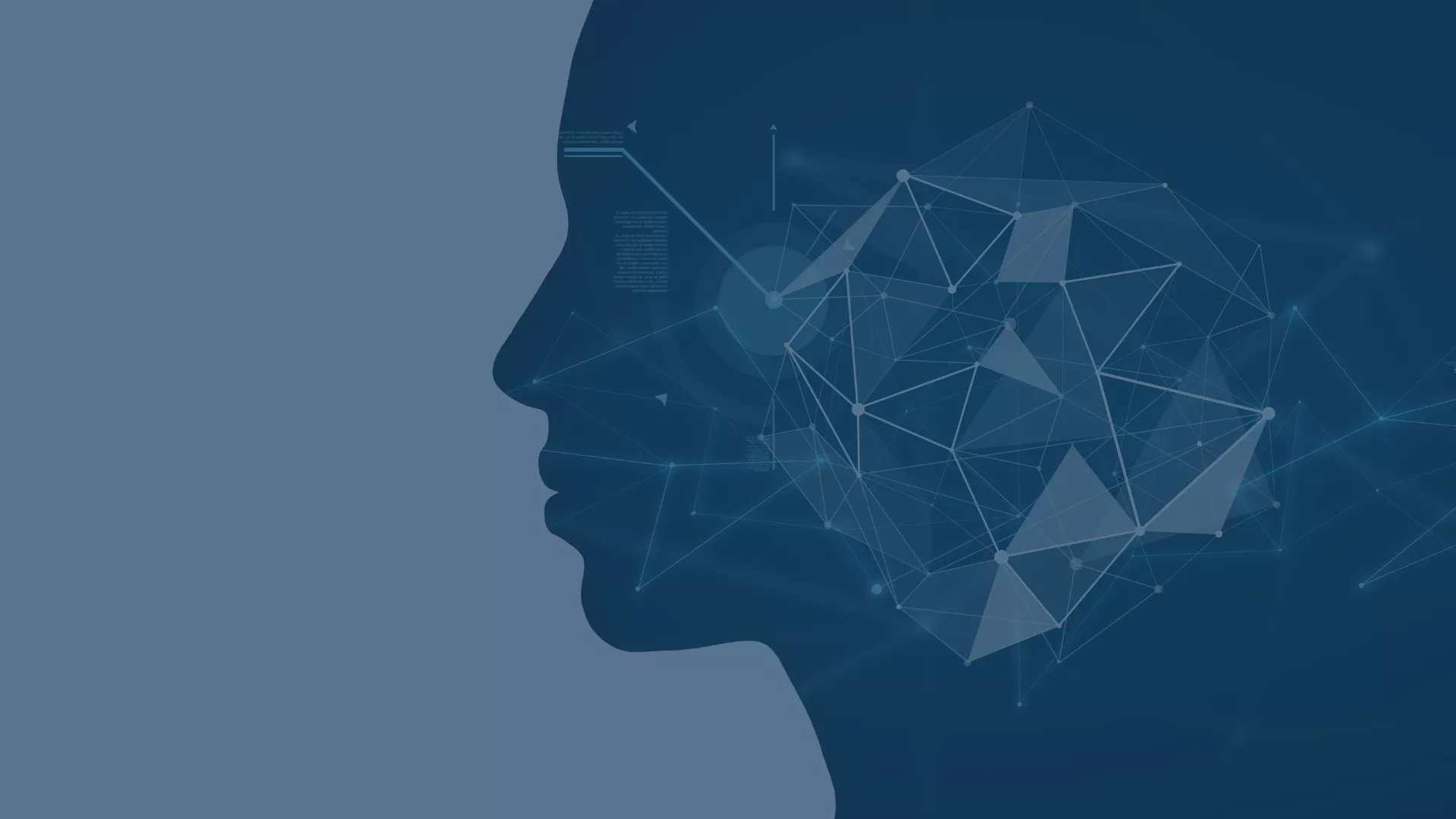 Eine menschliche Kopf-Silhouette, die durch geometrische Linien und Knotenpunkte mit einem Netzwerk aus verbundenen Daten und Technologien dargestellt ist. Das Bild symbolisiert die Integration von KI-Services in Amazon Web Services (AWS) und deren Anwendung in der IT-Landschaft.