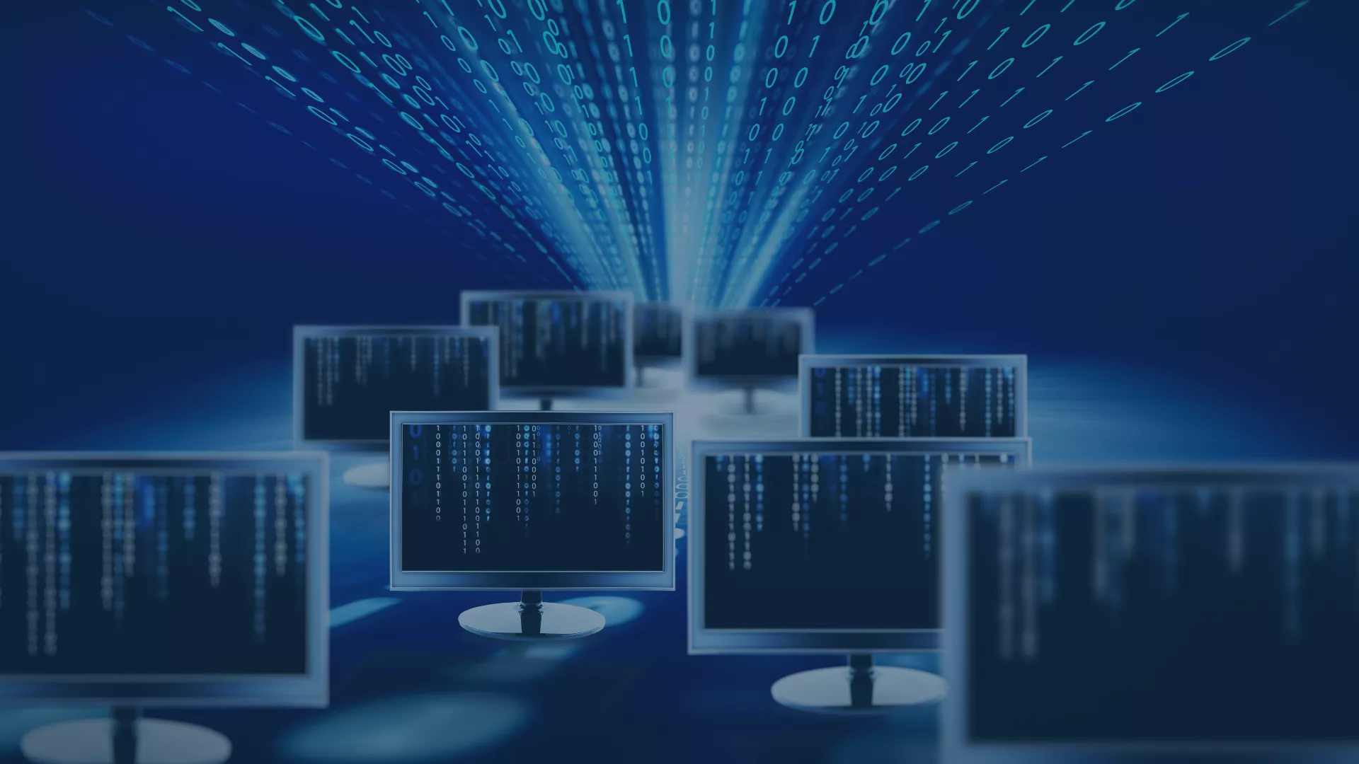 Illustration von mehreren Monitoren, die jeweils mit Binärcode gefüllt sind, vor einem blauen Hintergrund. Digitale Datenströme fließen von den Monitoren in die Tiefe des Bildes, symbolisierend die Vernetzung und Datenverarbeitung in der Cloud. Das Bild repräsentiert die Nutzung von Softwarelösungen und Dienstleistungen auf dem AWS Marketplace sowie die Optimierung und Verwaltung komplexer AWS-Umgebungen.