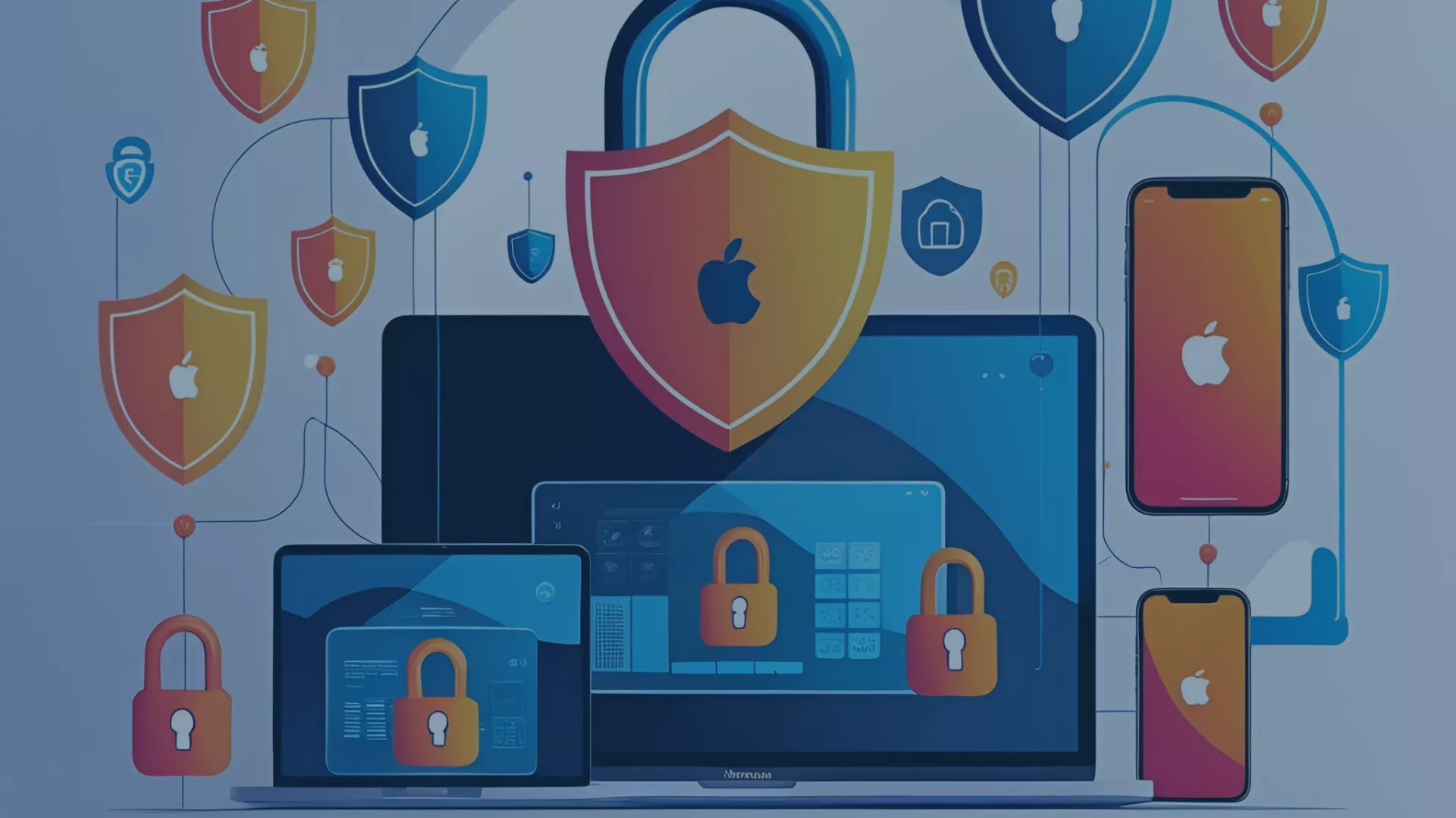  Darstellung von Apple-Geräten mit Sicherheitselementen wie Schlössern und Schutzschilden – im Mittelpunkt steht ein großer Schild mit Apple-Logo, der für die gehärtete iOS-Betriebsumgebung Apple iNDiGO steht. Die Illustration unterstreicht die native Systemintegration, hohe Sicherheit und Einsatzfähigkeit von iPhones, iPads und Macs in sicherheitskritischen Bereichen wie Behörden, Forschung und Verteidigung.