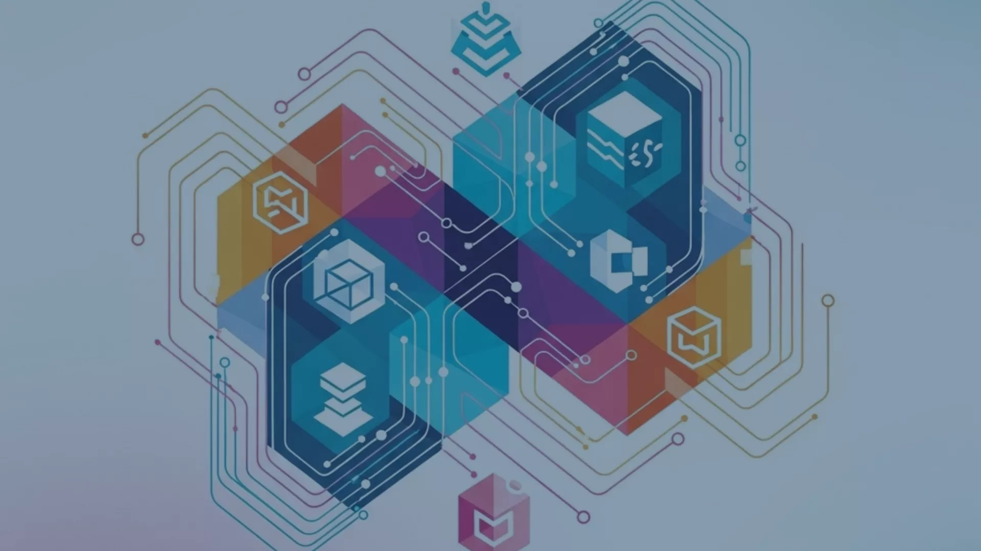 Die Abbildung zeigt eine abstrakte, digital gestaltete Grafik mit verschachtelten, farbigen Sechsecken und Würfeln. Darin befinden sich Symbole, die Cloud-Computing, Datenverarbeitung und IT-Infrastruktur repräsentieren. Die Elemente sind durch Linien und Knotenpunkte verbunden, was Netzwerke und digitale Konnektivität visualisiert. Der Stil erinnert an moderne Technologie-Plattformen, wie sie etwa Microsoft oder andere Cloud-Anbieter verwenden.