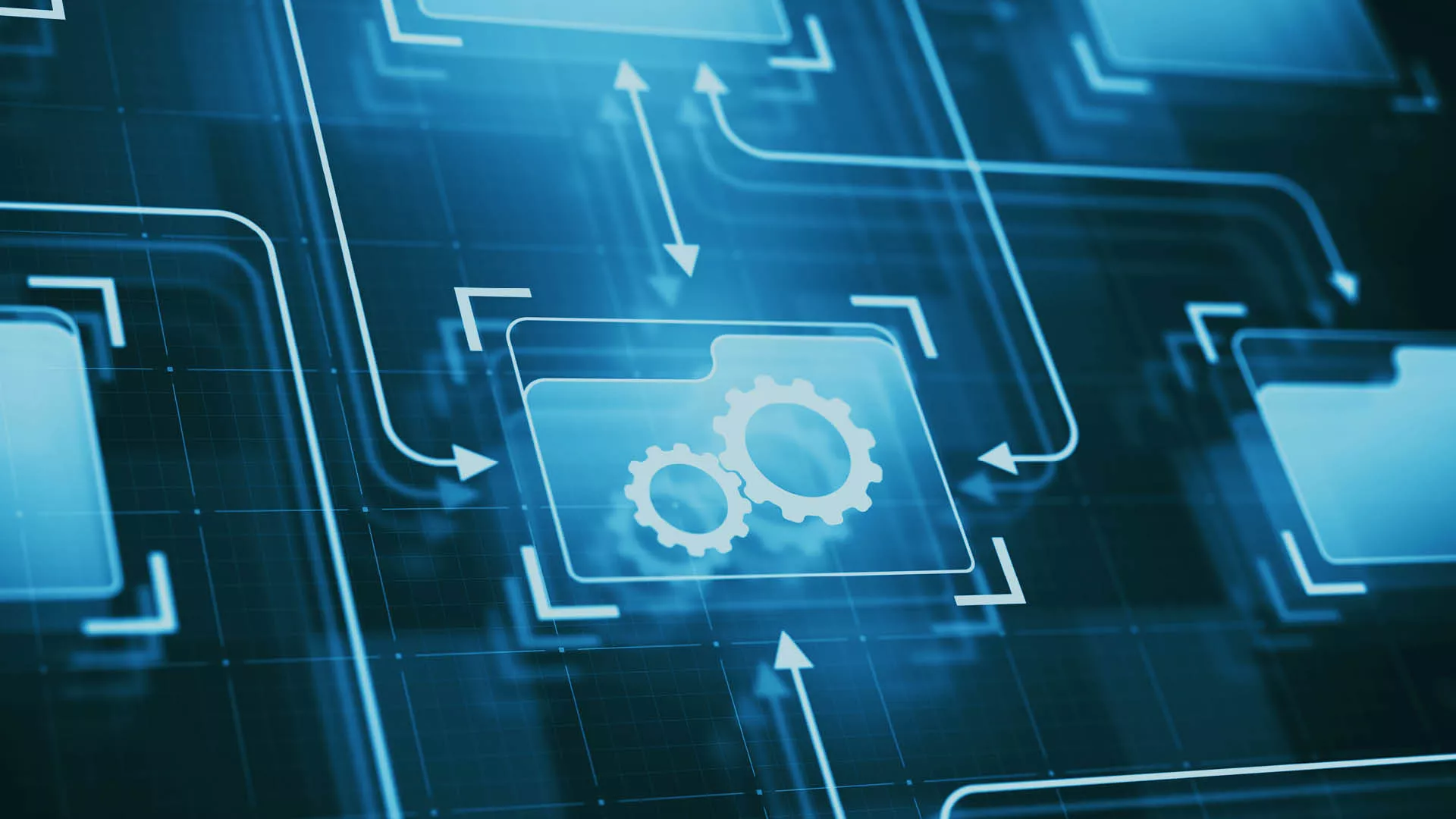 Das Bild visualisiert digitale Automatisierung: Zahnräder in einem Ordnersymbol stehen sinnbildlich für effiziente Workflows, systemübergreifende Datenverarbeitung und optimierte IT-Prozesse.