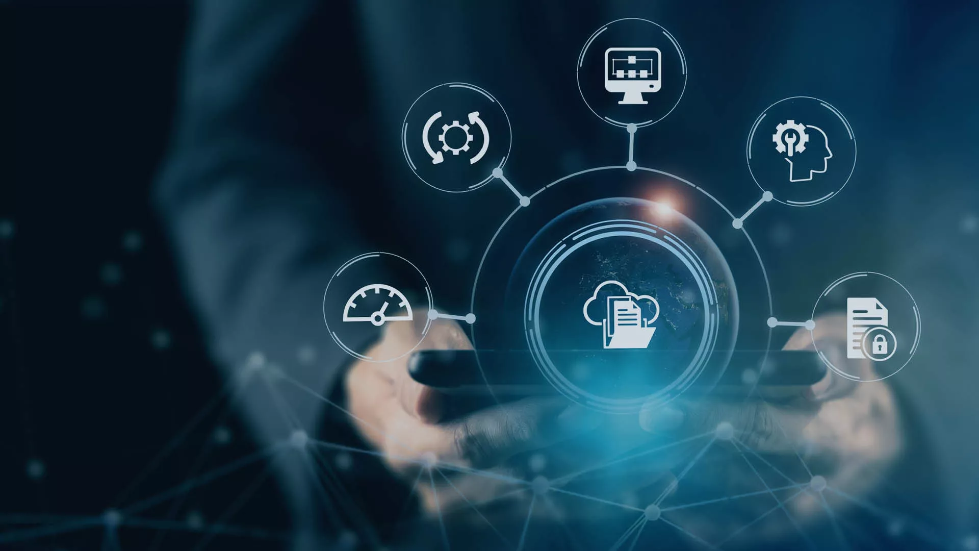 Visualisierung automatisierter Berichte und digitaler Geschäftsprozesse mit Cloud- und Sicherheitsicons