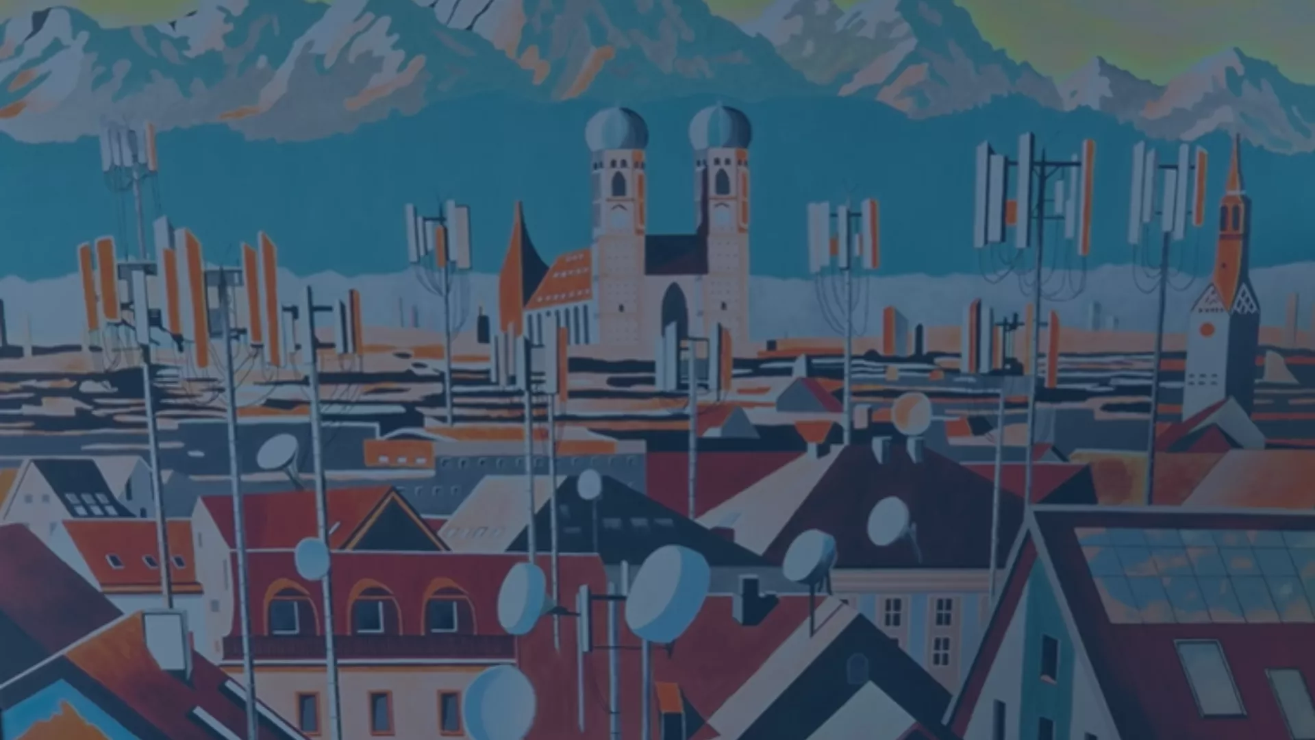 Ein farbenfrohes Gemälde von Bettina, das die Frauenkirche in München, zahlreiche Antennen, Satellitenschüsseln und Photovoltaik-Elemente zeigt. Mit kräftigen Farben verbindet das Kunstwerk die Themen IT, Mobilfunk und Netzwerktechnologie mit Kreativität und Leidenschaft – ein Sinnbild für die Werte und den Standort von Sinnwell.