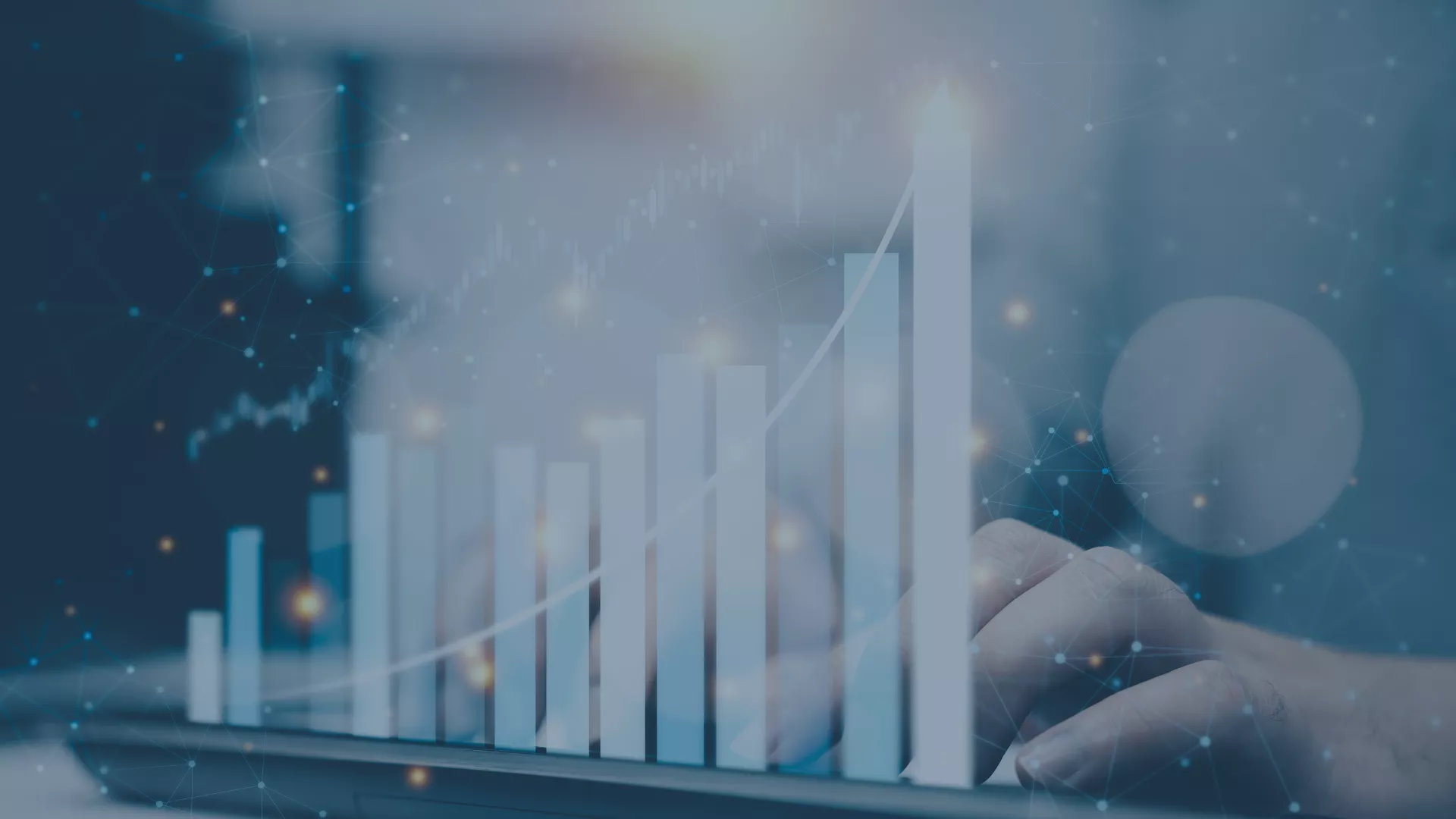 Visualisierung eines digitalen Balkendiagramms mit aufsteigendem Wachstum und Netzwerkstruktur im Hintergrund