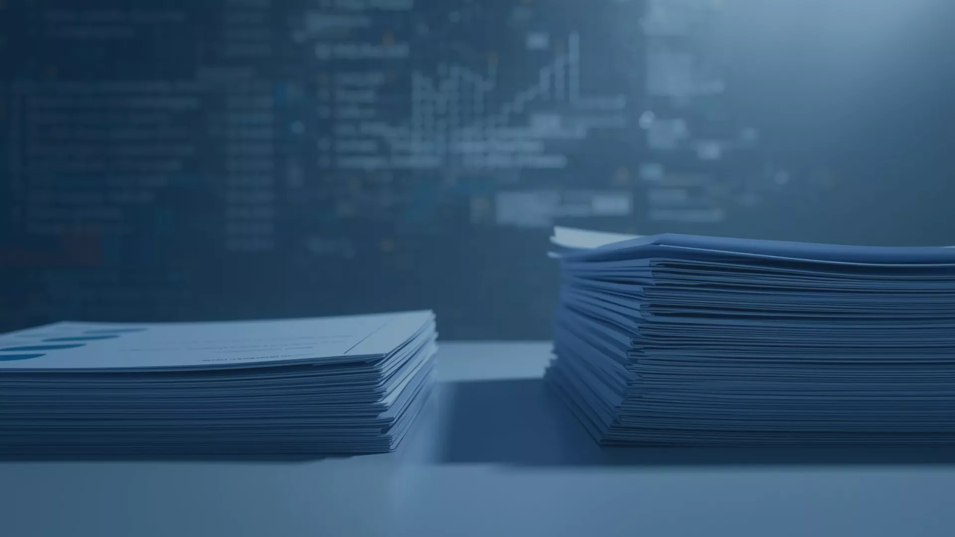 Zwei Stapel von Dokumenten liegen nebeneinander auf einem Tisch vor einem unscharfen Hintergrund mit Daten und Diagrammen. Symbolisch für die automatisierte Dokumenten- und Rechnungsverwaltung mit audius:Seminar und audius:Report auf Basis von Microsoft Dynamics 365, die Veranstaltungen effizient abschließen – von der Erstellung von Zertifikaten bis zur automatisierten Rechnungsstellung.