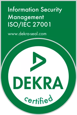 DEKRA-Siegel für Information Security Management nach ISO/IEC 27001 in grüner Ausführung.