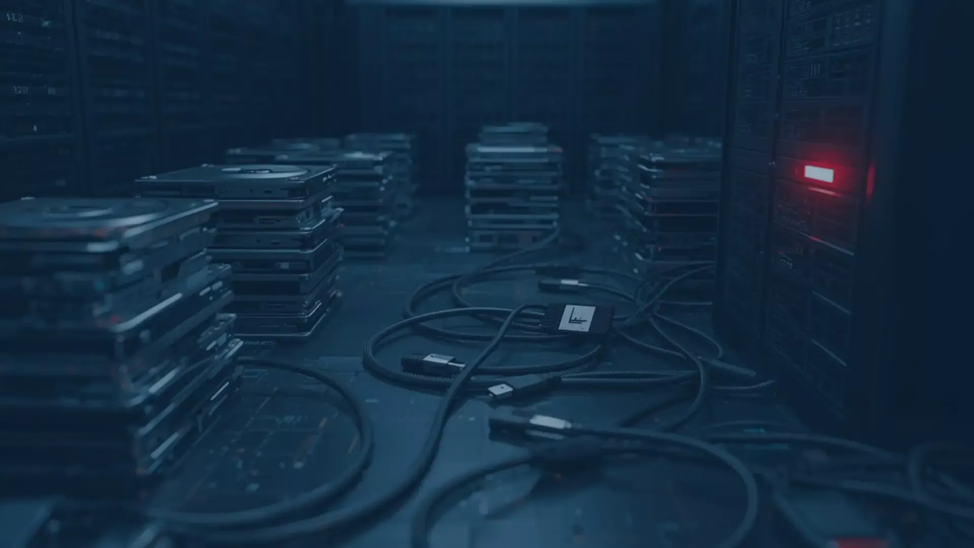 Ein Serverraum mit gestapelten Festplatten und zahlreichen Datenkabeln auf dem Boden. Das Bild symbolisiert die Herausforderungen der DSGVO-Speicherbegrenzung und die Notwendigkeit strukturierter Löschkonzepte für personenbezogene Daten.