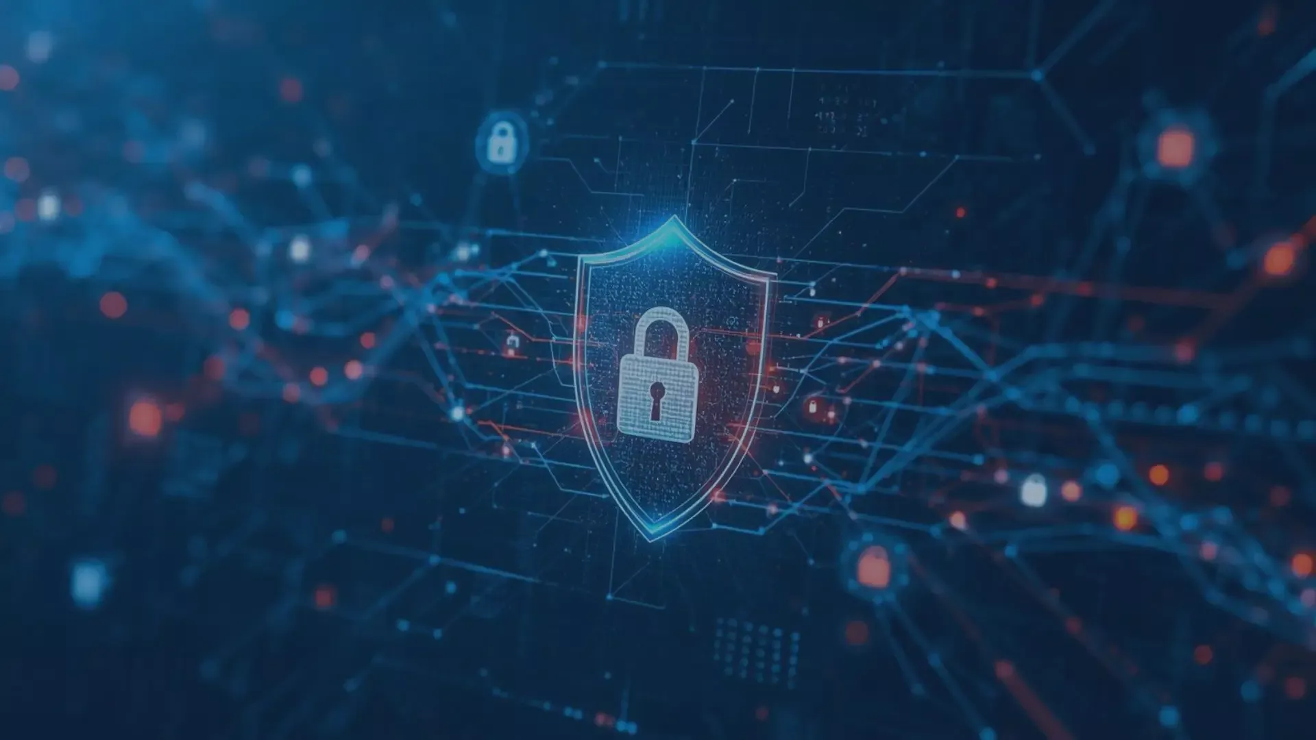 Digitale Darstellung eines Schutzschilds mit Vorhängeschloss inmitten eines vernetzten, blau-roten Datenstroms. Das Bild symbolisiert moderne IT-Sicherheit, Zero-Trust-Konzepte und den Schutz von Identitäten, Geräten und Daten in cloudbasierten und hybriden Arbeitsumgebungen.