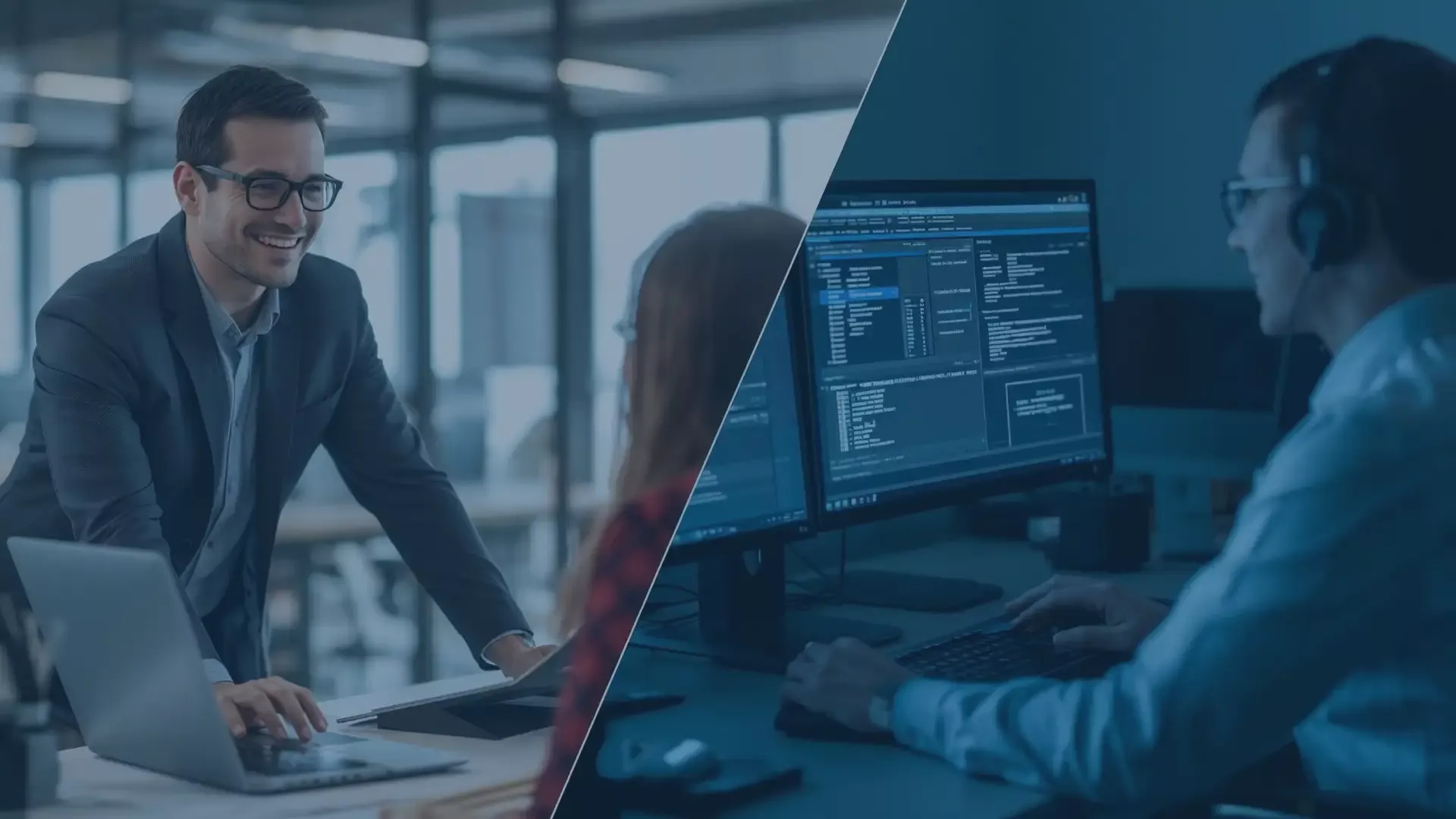 Ein Business-Mitarbeiter im modernen Büro spricht mit einer Kollegin, während auf der rechten Bildhälfte ein IT-Support-Spezialist an mehreren Monitoren arbeitet. Das Bild symbolisiert den hybriden IT-Helpdesk – die Verbindung von Vor-Ort- und Remote-Support – und steht für effiziente, skalierbare und sichere IT-Services im Rahmen der digitalen Transformation von Unternehmen