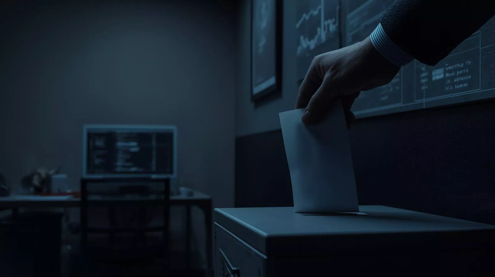 Eine Person wirft einen anonymen Hinweis in einen Briefkasten eines Hinweisgebersystems in einem Büroumfeld. Im Hintergrund sind Bildschirme mit Daten und Diagrammen zu sehen, die auf Compliance, Transparenz und digitale Sicherheit hinweisen. Das Bild symbolisiert die Bedeutung von Whistleblowing-Systemen für die frühzeitige Meldung von Missständen, den Schutz von Hinweisgebern und die Stärkung einer vertrauensvollen Unternehmenskultur.