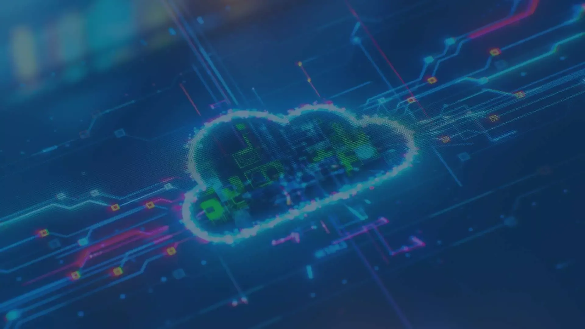 Blaues Cloud-Symbol mit Schaltkreisen im Hintergrund, symbolisiert sichere Cloud-Security und geschütztes Hosting.