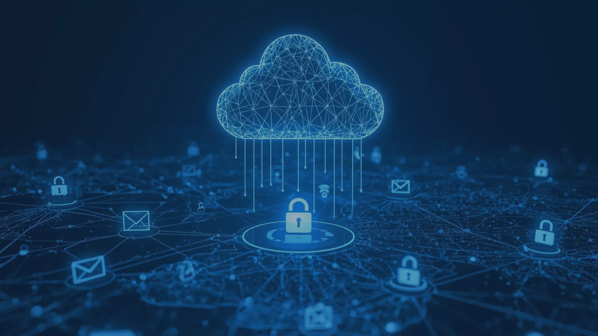 Symbolische Darstellung einer sicheren und zukunftsorientierten Migration zu Exchange Online: Ein digitales Netzwerk mit Cloud-Struktur, verschlüsselten Datenströmen und Schutzmechanismen wie Vorhängeschlössern und E-Mail-Symbolen.