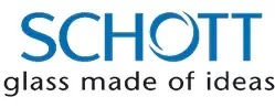 Blauer SCHOTT Schriftzug mit kreisförmigem Symbol über dem Slogan glass made of ideas