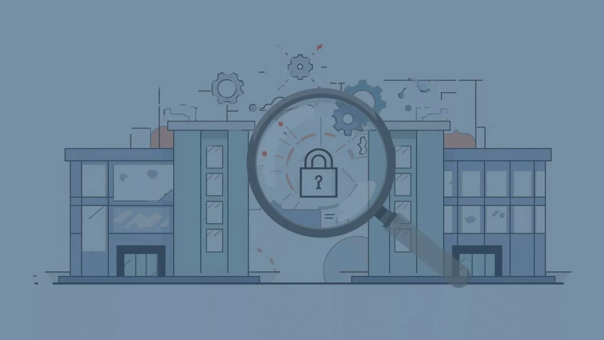 Illustration zur Operational Due Diligence und Unternehmensbewertung im Tech-M&A: Ein Vergößerungsglas fokussiert auf ein Schloss-Symbol in einem Gebäude, das für digitale Geschäftsmodelle und Tech-Start-ups steht. 