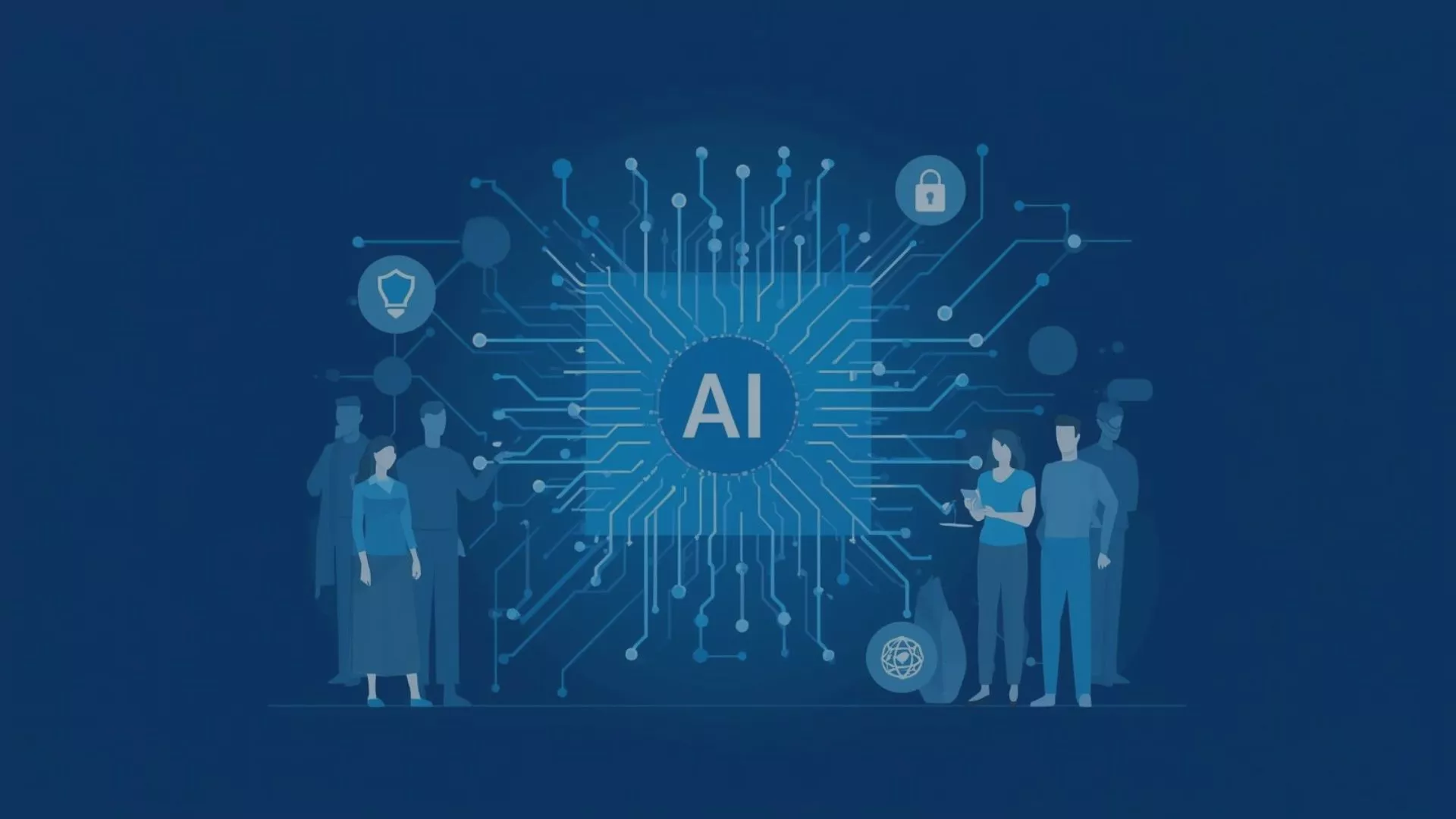 Illustration einer Gruppe von Mitarbeitenden vor einem futuristischen KI-Netzwerk, das die Bedeutung von KI-Kompetenz und Compliance gemäß dem EU AI Act symbolisiert. Seit Februar 2025 sind Unternehmen und öffentliche Verwaltungen in Deutschland verpflichtet, ihre Belegschaft im Umgang mit KI zu schulen. Das Bild veranschaulicht, wie praxisnahe und rechtskonforme KI-Schulungen – wie das audius KI-Basis-Seminar – rechtliche, ethische und technische Grundlagen vermitteln.