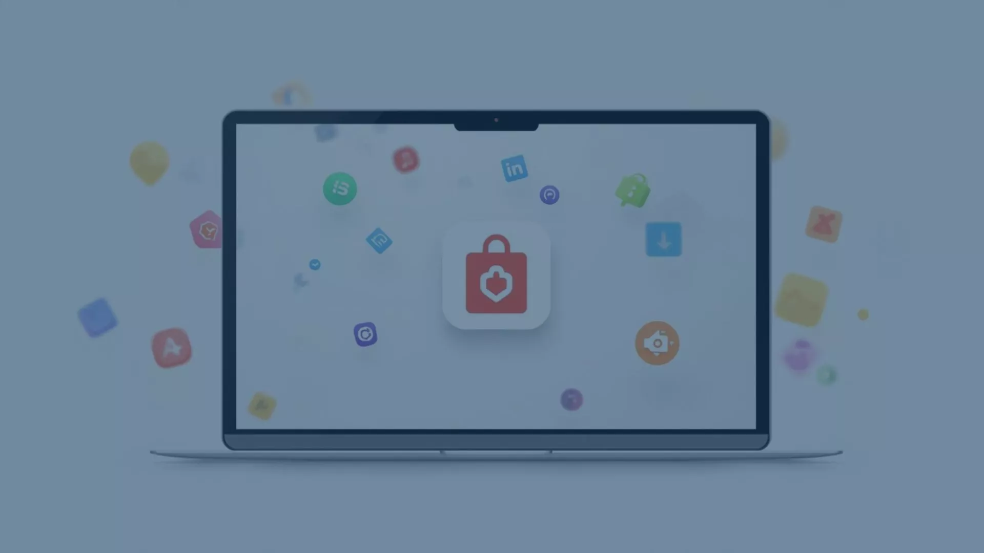 Unternehmens-AppStore als zentraler Self-Service-Hub: Verbesserte IT-Security, Compliance und Effizienz durch geprüfte Software, automatisierte Workflows und rollenbasierte Berechtigungen – Visualisierung eines digitalen App-Stores auf Laptop mit integrierten Business-Apps